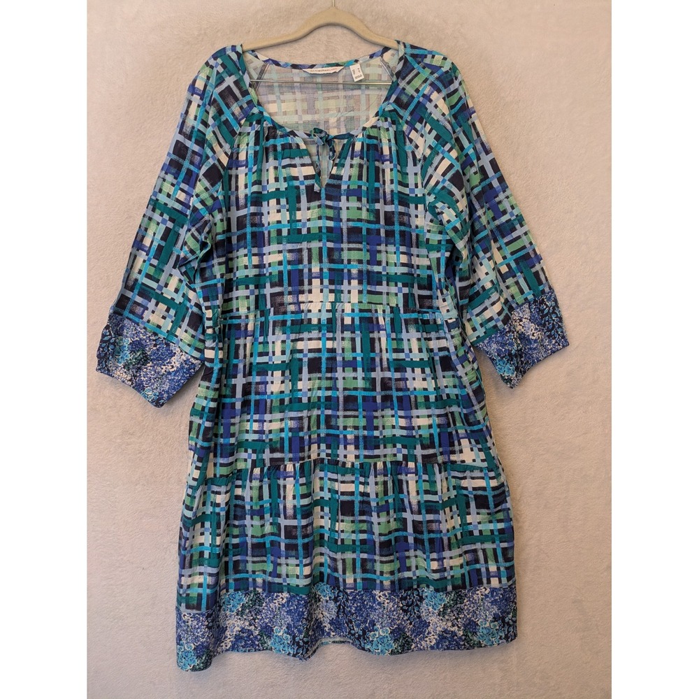 Isaac Mizrahi Live! Tiered Dress Women's L Blue Geometric Plaid Split Neck